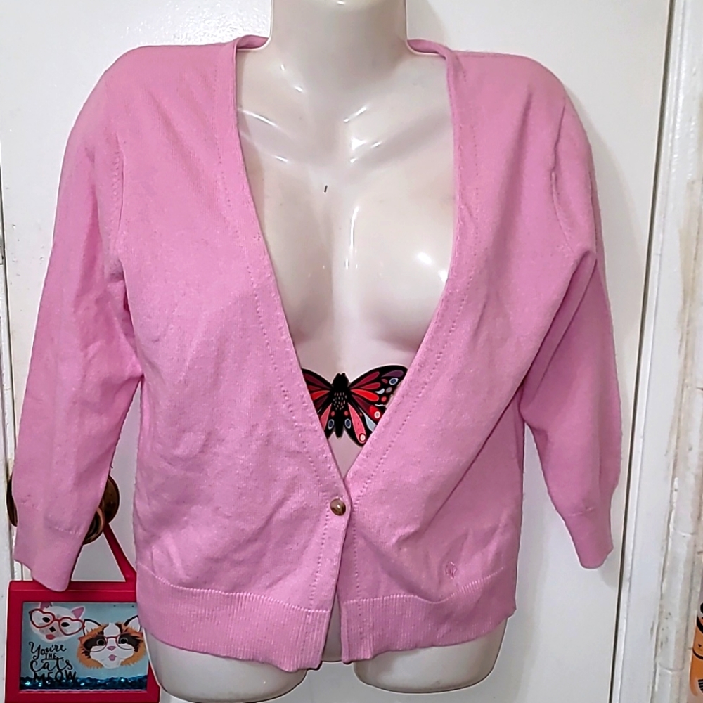 Loulou Studio cashmere cardigan pink 3/4 sleeve soft seashell logo
